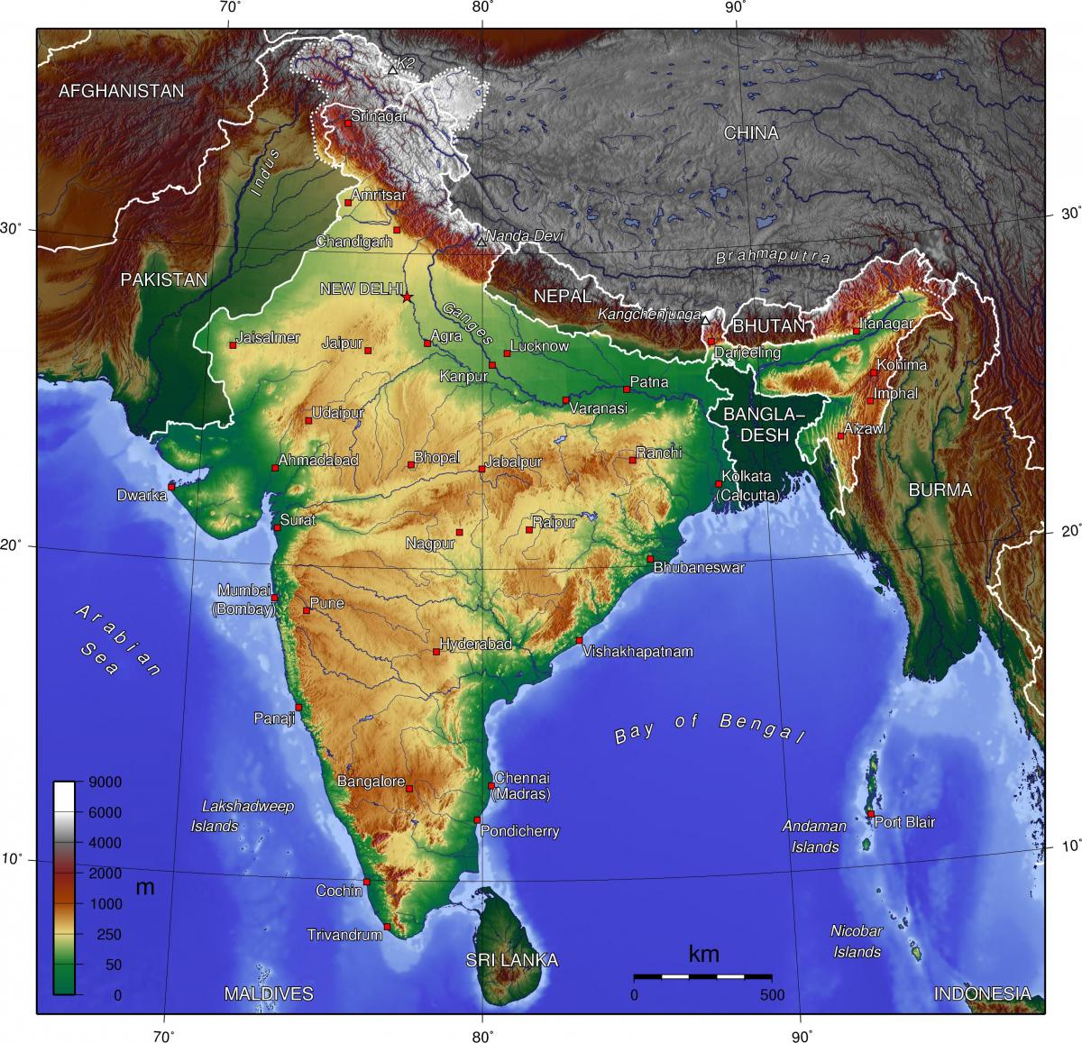 Mappa topografica di India