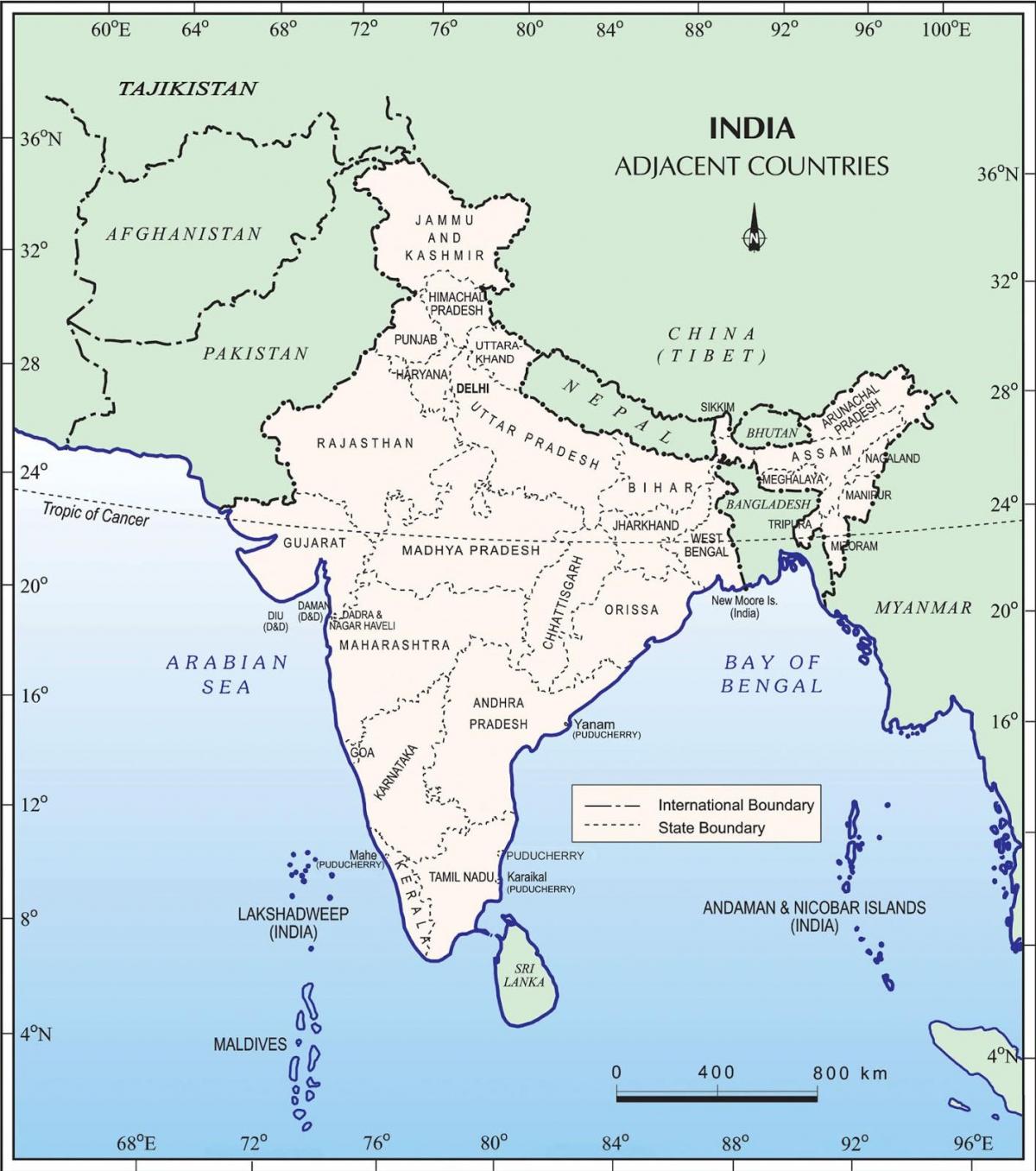 Mappa dell'India e dei paesi confinanti